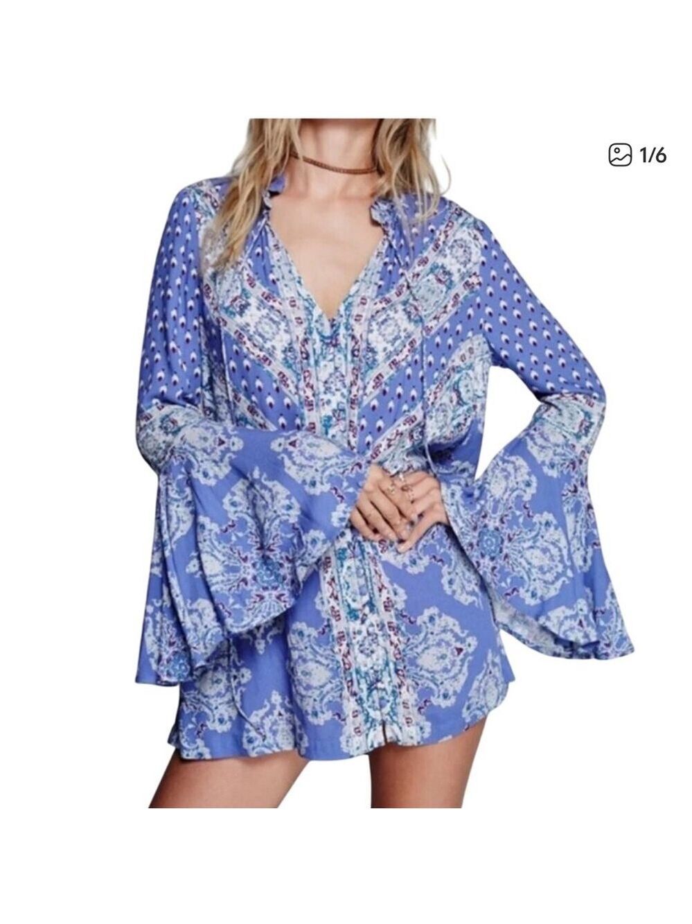 Free people Lagos mystery mixed Blue Patterned bell sleeve tunic dress small